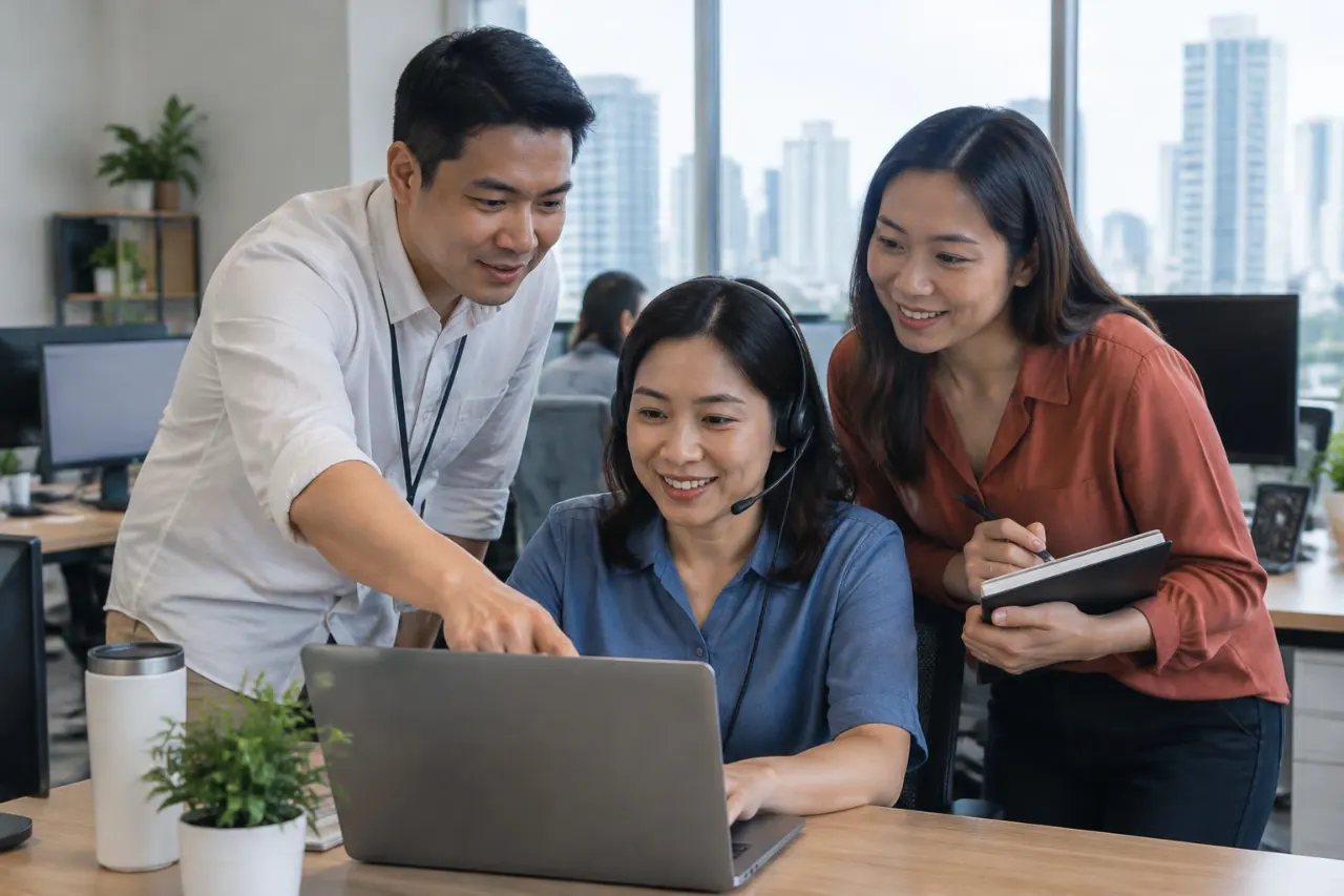 Filipino support professionals collaborating at an office desk