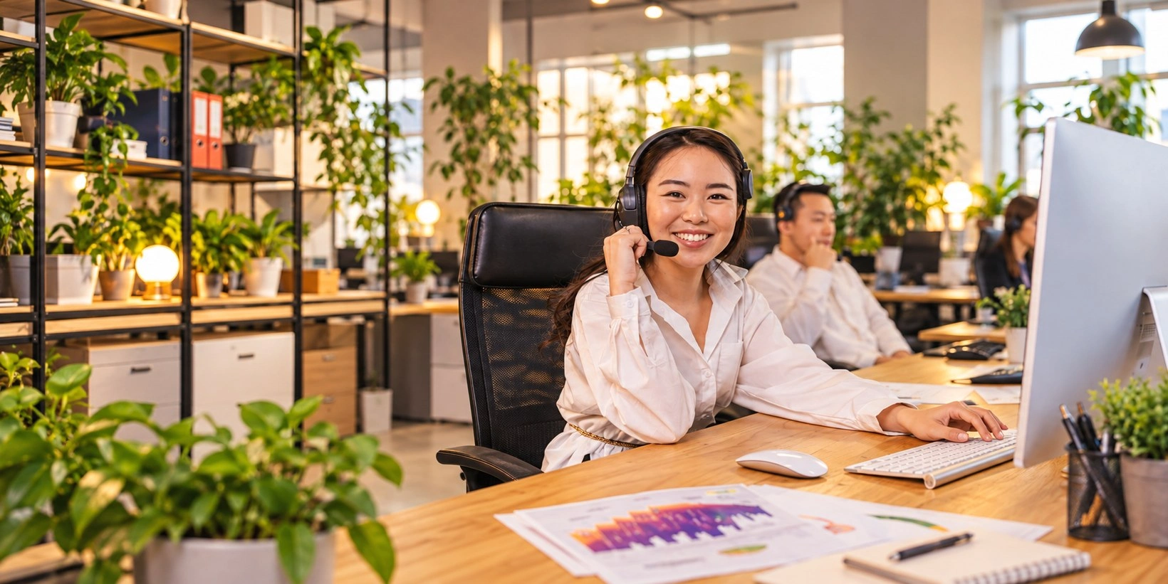 A smiling Filipino customer support professional wearing a headset at her desk in a bright, plant-filled office